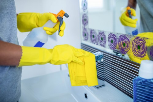 Cleaner inspecting a workspace for hazards before cleaning